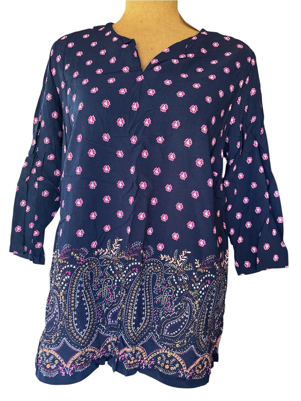 Talbots Navy Tunic with Pink Floral Dot and Paisley Hem